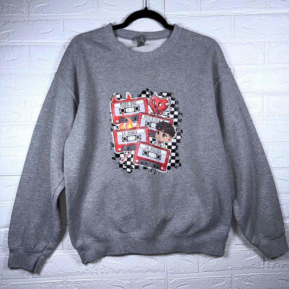 Bad Bunny Graphic Sweatshirt Unisex M Gray Cassette Tape Reggaeton Streetwear
